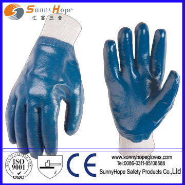 Knit wrist blue nitrile full coated cotton interlock liner nitrile gloves
